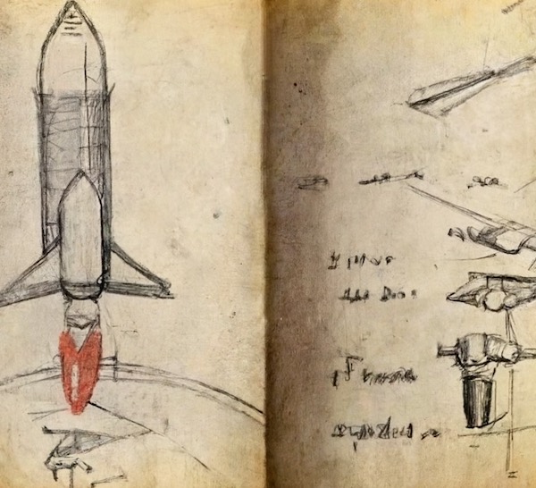 Generated image of a space shuttle in Leonardo Da Vinci's sketchbook