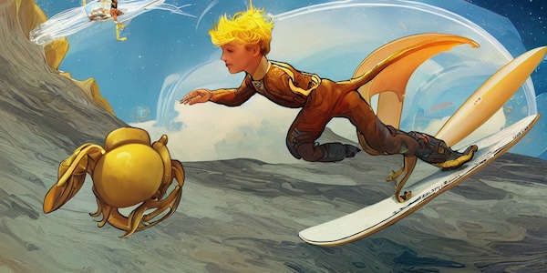 Generated image of The Little Prince surfing and catching the golden snitch