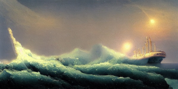 Generated image of a nuclear icebreaker running into trouble in the north sea. Oil painting by Ivan Aivazovsky