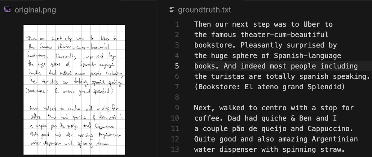 Handwritten journal page from Supernote e-ink tablet with ground truth transcription