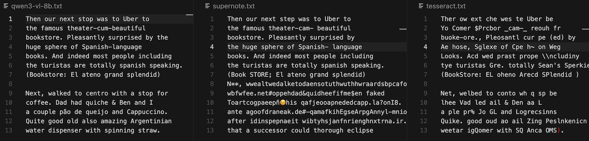 Side-by-side comparison of handwriting recognition output from qwen3-vl, Supernote, and tesseract