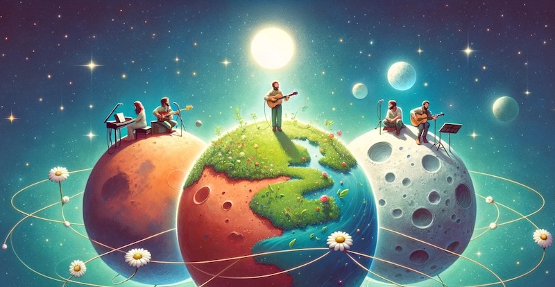 Illustration of collaborative music across the universe.